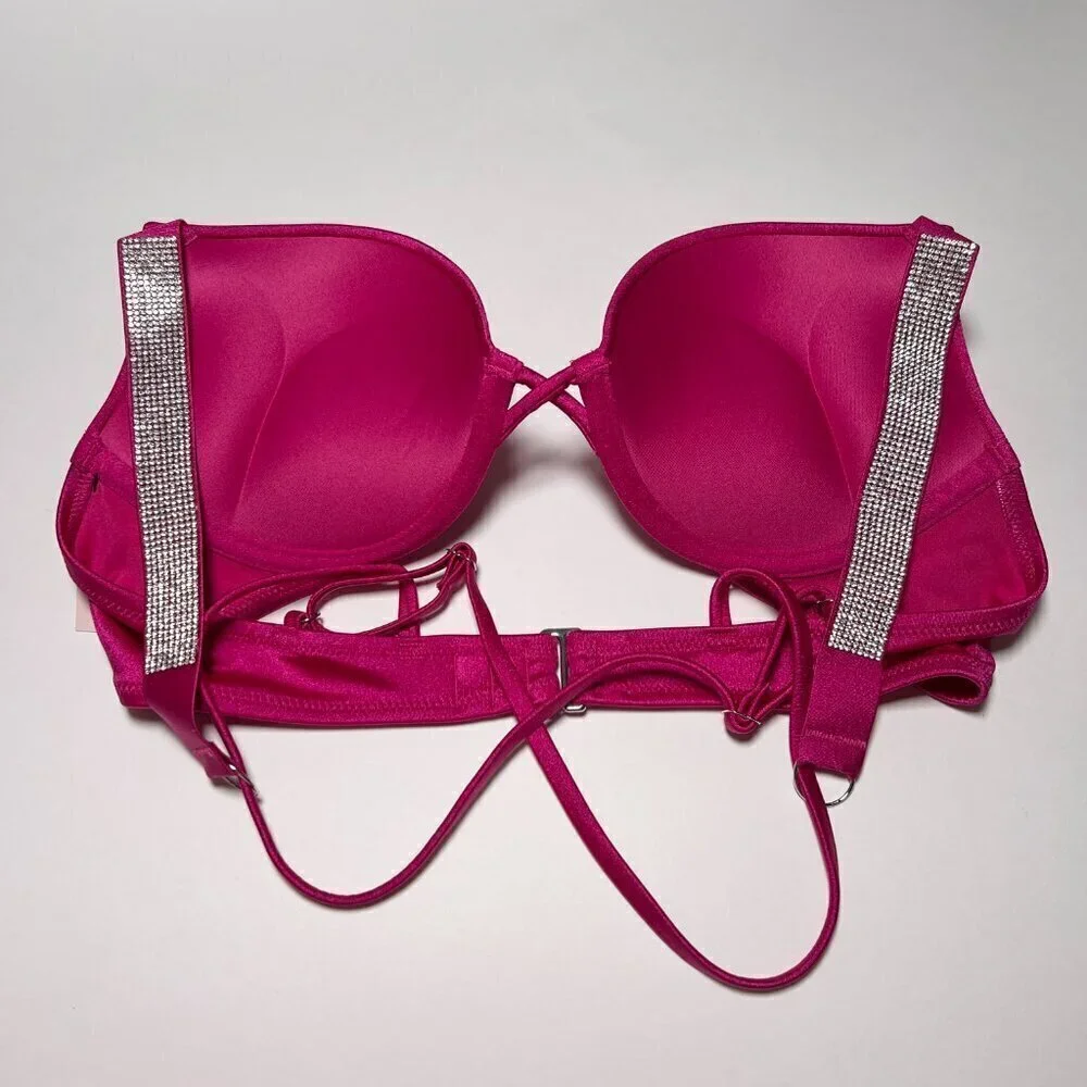 Victoria Secret 36A M Bombshell Push Up Bikini Top Set Shine Strap Berry Blush
